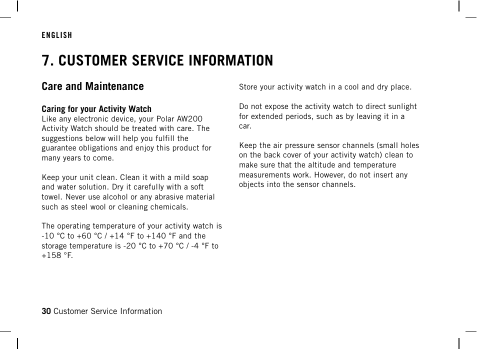 Customer service information, Care and maintenance, Caring for your activity watch | POLAR AW200 User Manual | Page 30 / 44