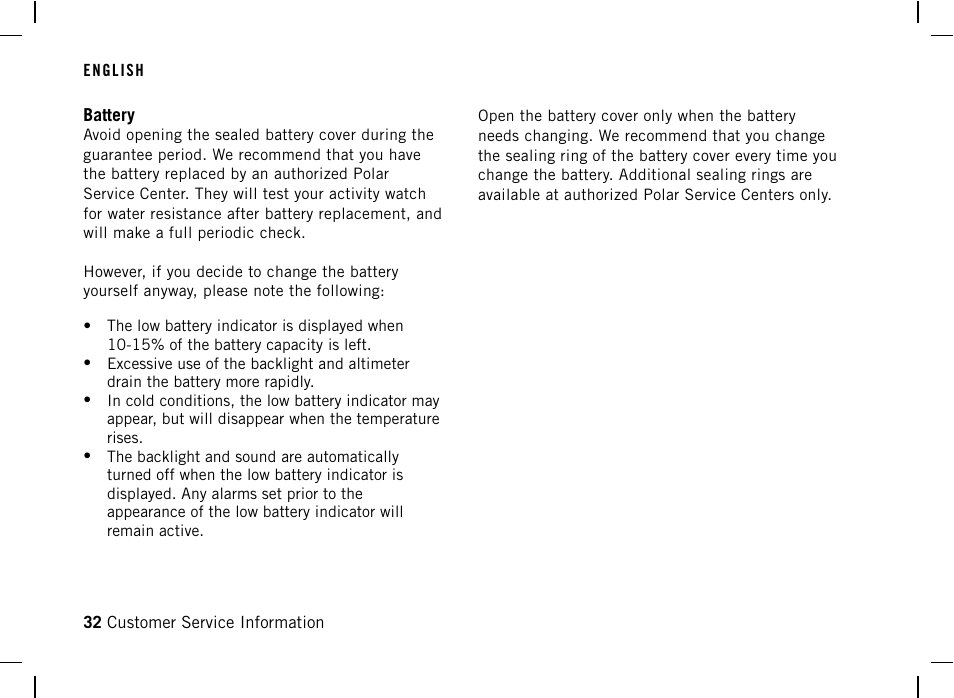 Battery | POLAR AW200 User Manual | Page 32 / 44