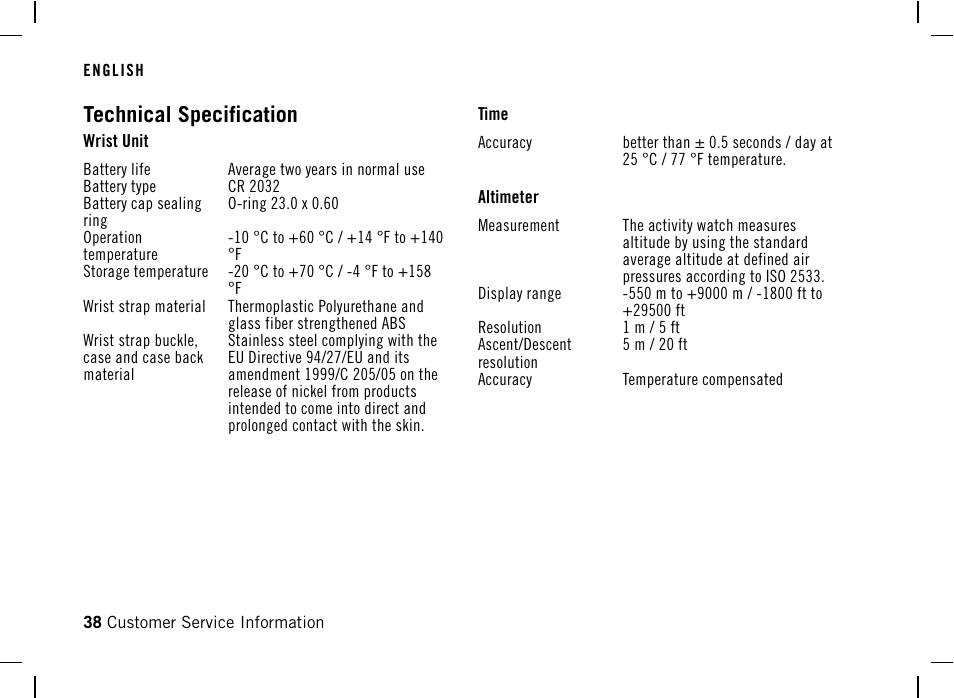 Technical specification | POLAR AW200 User Manual | Page 38 / 44