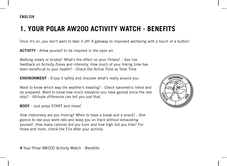 Your polar aw200 activity watch - benefits, Getting started, Your polar aw200 activity watch | Benefits | POLAR AW200 User Manual | Page 4 / 44