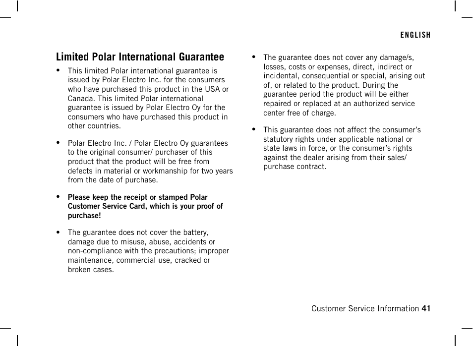 Limited polar international guarantee | POLAR AW200 User Manual | Page 41 / 44