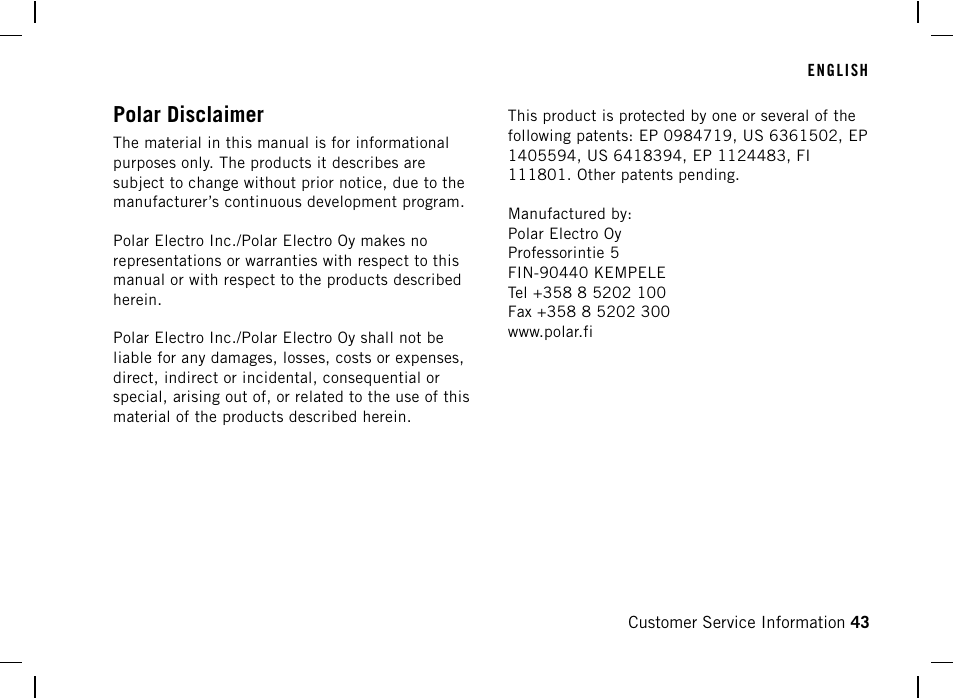 Polar disclaimer | POLAR AW200 User Manual | Page 43 / 44