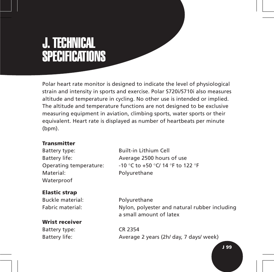 J. technical specifications | POLAR S720i User Manual | Page 101 / 122