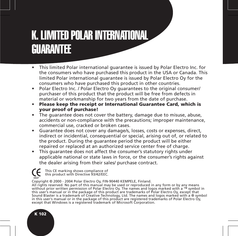 K. limited polar international guarantee | POLAR S720i User Manual | Page 104 / 122