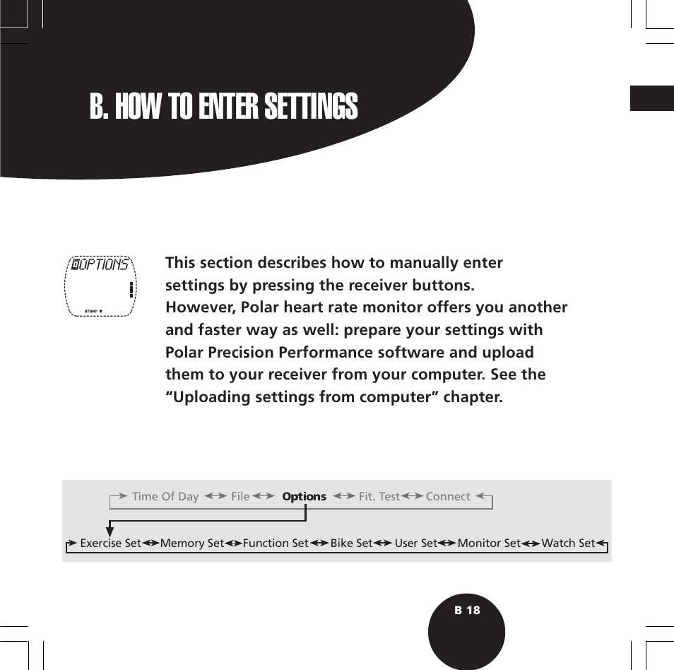 B. how to enter settings | POLAR S720i User Manual | Page 20 / 122