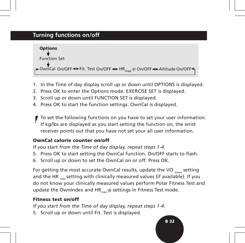 Turning functions on/off | POLAR S720i User Manual | Page 34 / 122