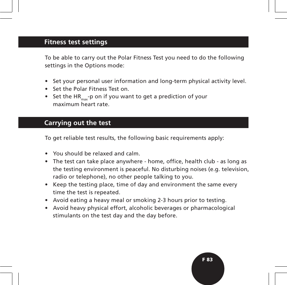 Carrying out the test, Fitness test settings | POLAR S720i User Manual | Page 85 / 122