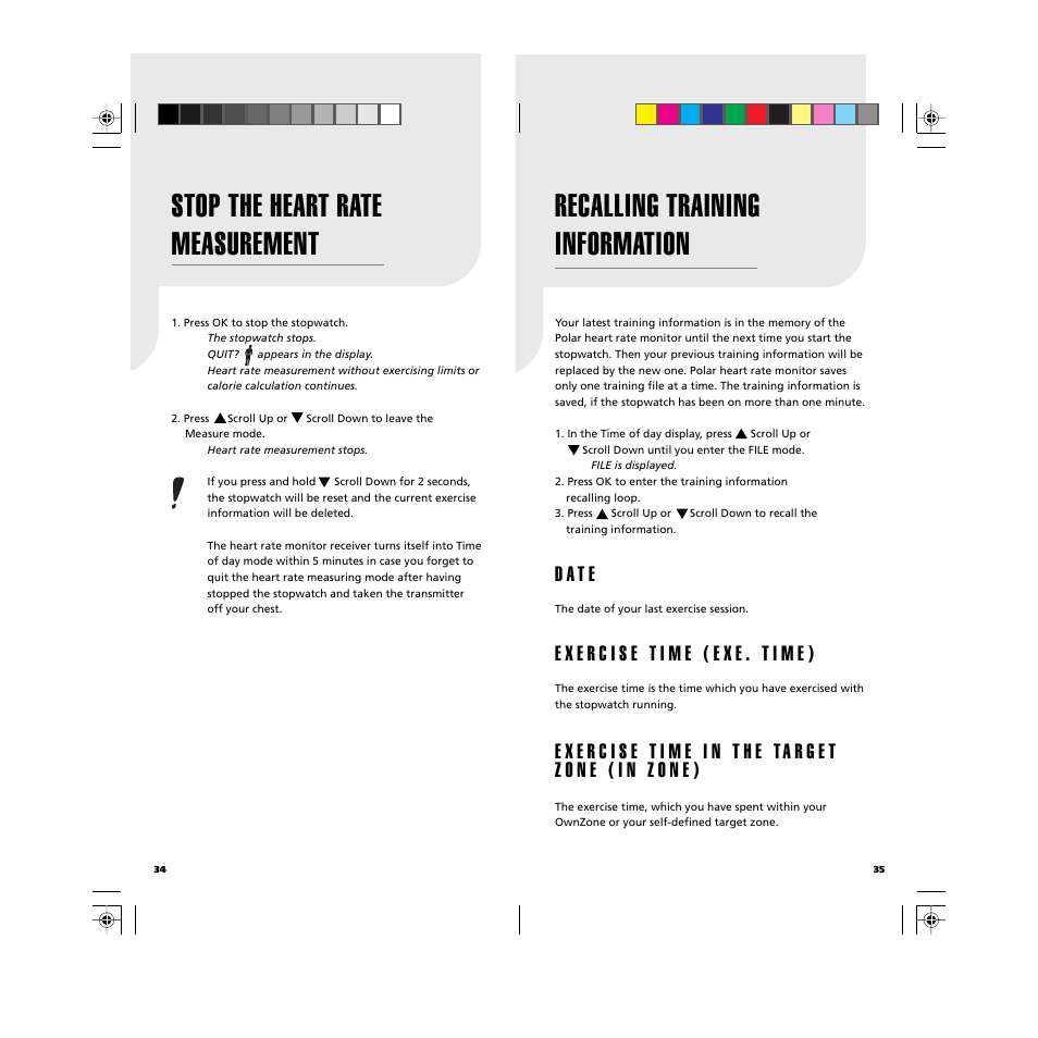 Recalling training information, Stop the heart rate measurement, D a t e | POLAR GBR User Manual | Page 19 / 33