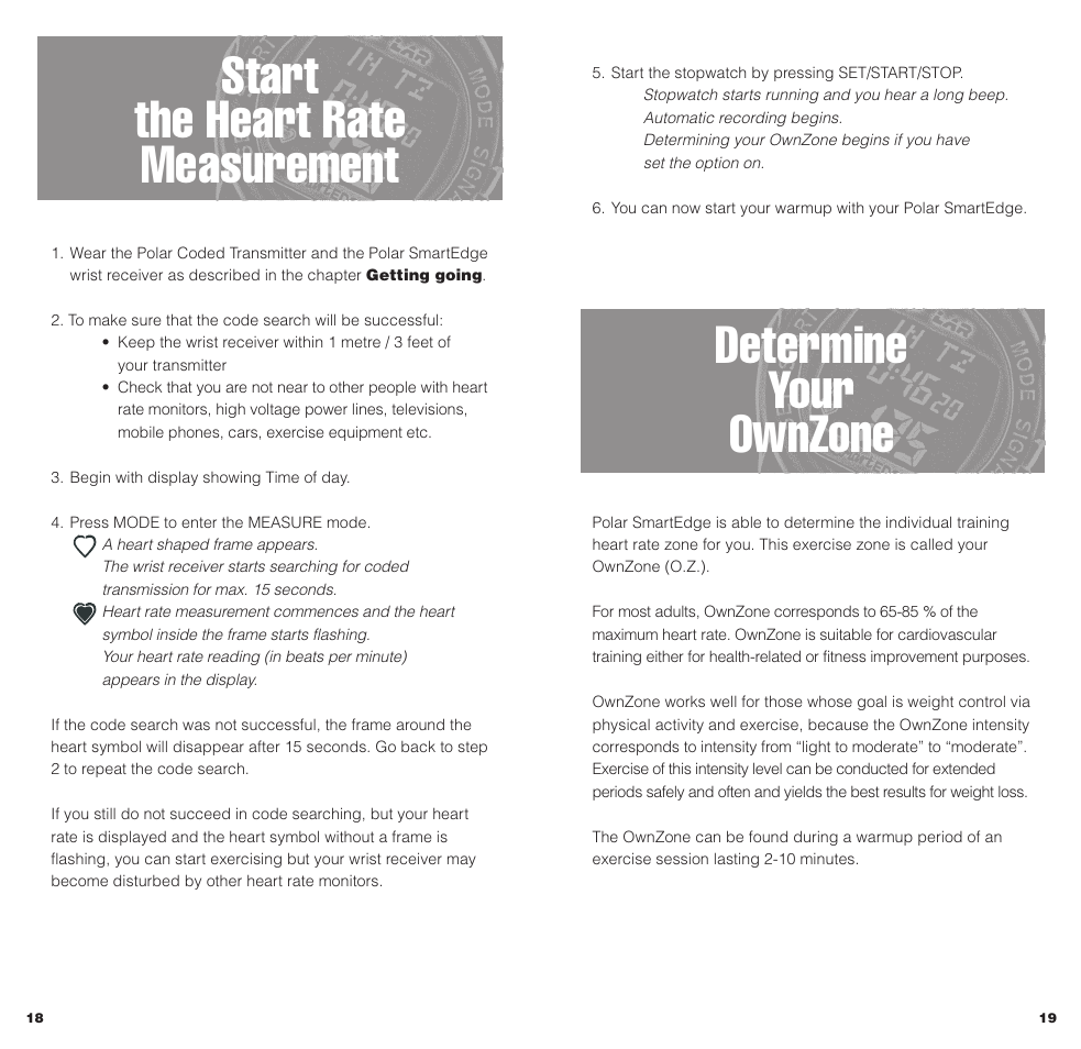 Determine your ownzone, Start the heart rate measurement | POLAR SMARTEDGE User Manual | Page 11 / 29
