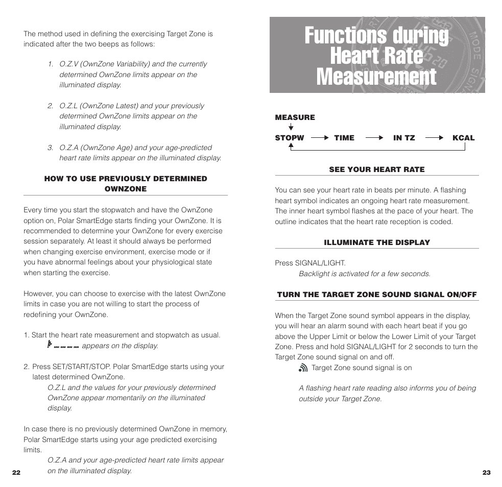 Functions during heart rate measurement | POLAR SMARTEDGE User Manual | Page 13 / 29