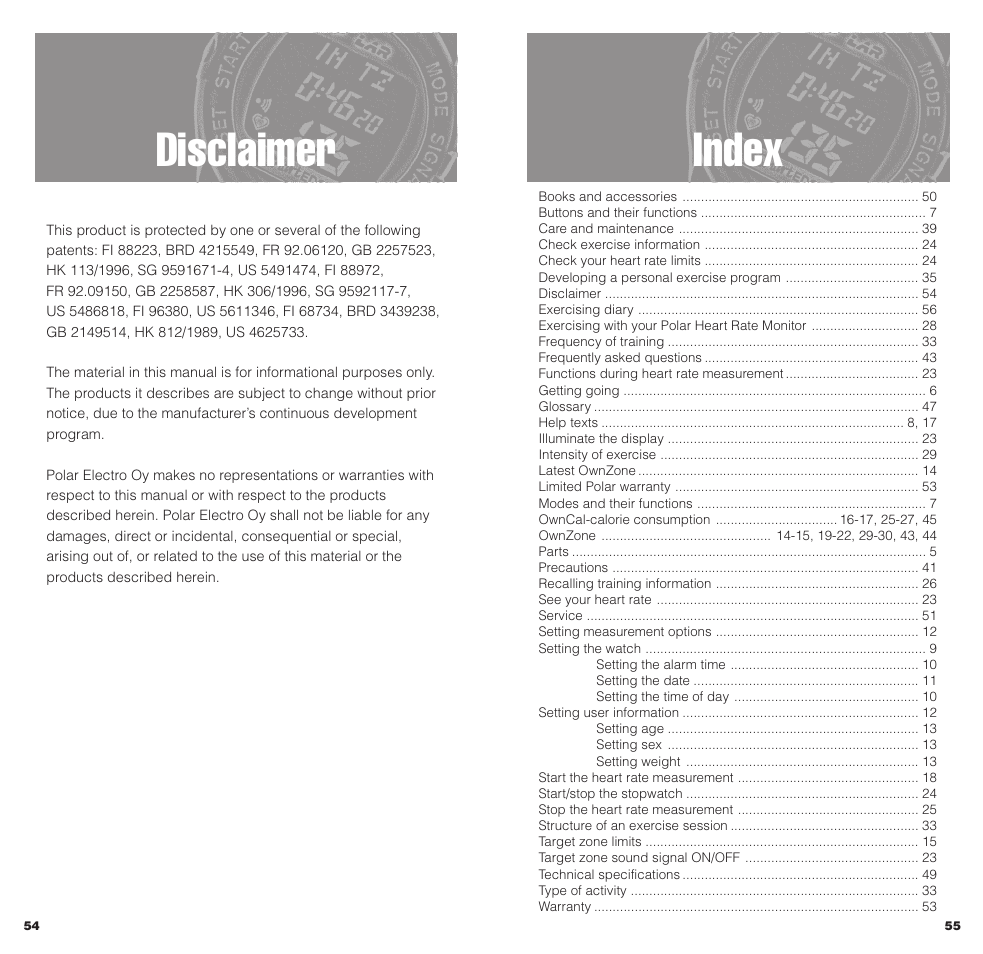 Index, Disclaimer | POLAR SMARTEDGE User Manual | Page 29 / 29
