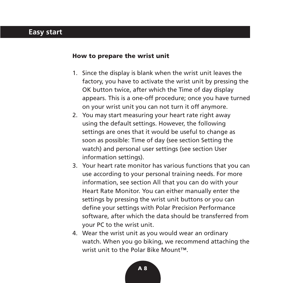 Easy start | POLAR S725 User Manual | Page 10 / 122