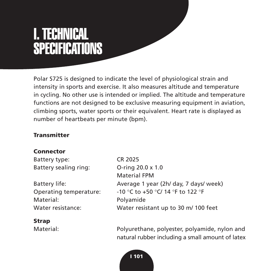 I. technical specifications | POLAR S725 User Manual | Page 103 / 122