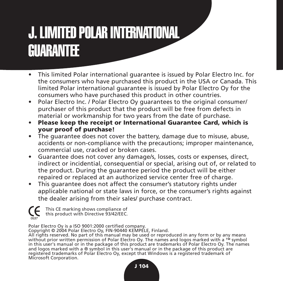 J. limited polar international guarantee | POLAR S725 User Manual | Page 106 / 122