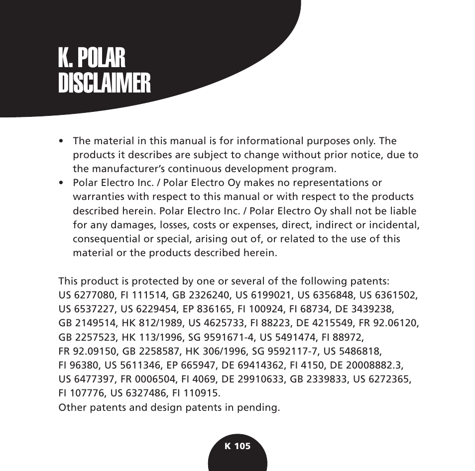 K. polar disclaimer | POLAR S725 User Manual | Page 107 / 122
