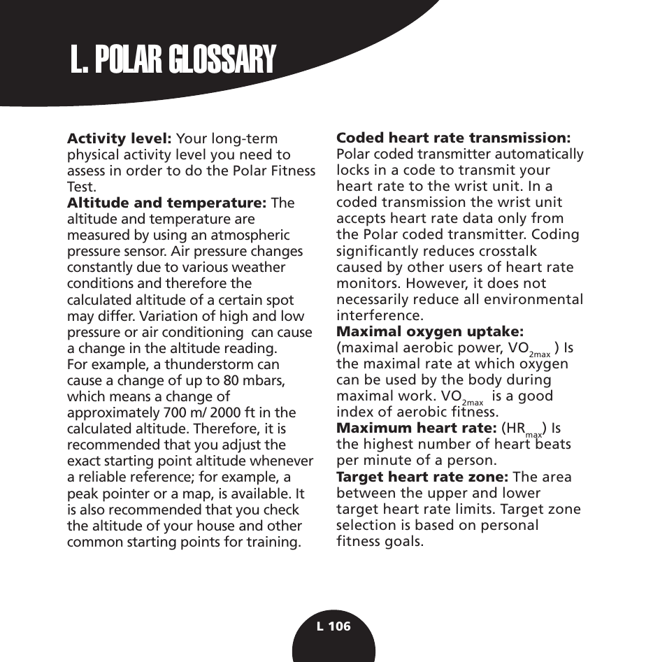 L. polar glossary | POLAR S725 User Manual | Page 108 / 122