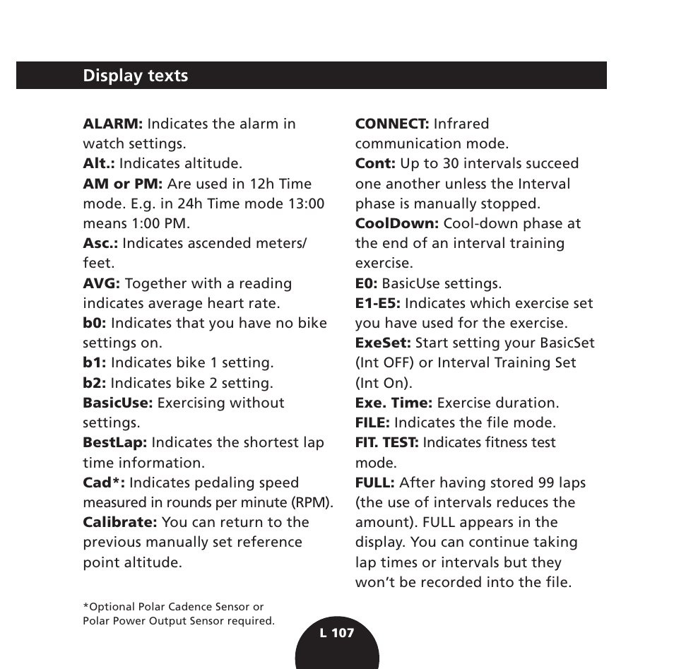 Display texts | POLAR S725 User Manual | Page 109 / 122