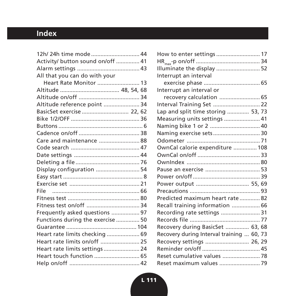 Index | POLAR S725 User Manual | Page 113 / 122