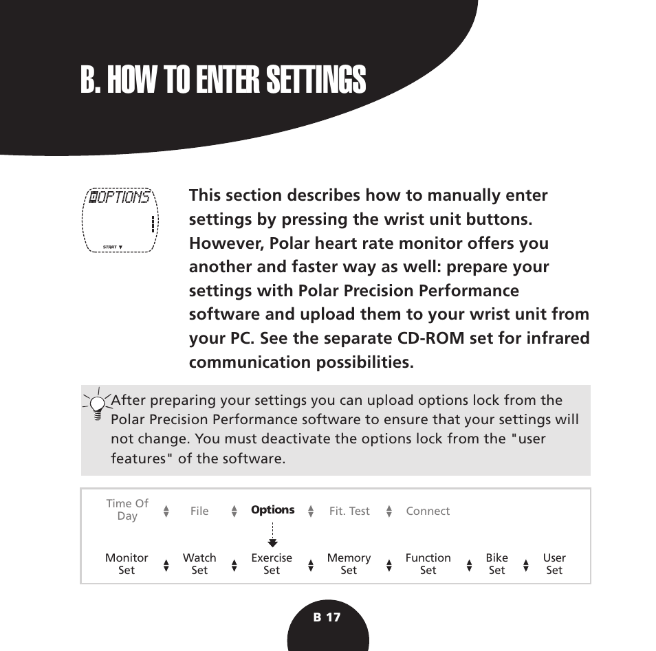 B. how to enter settings | POLAR S725 User Manual | Page 19 / 122