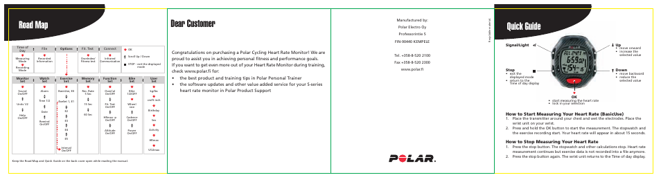 Quick guide road map, Dear customer, How to stop measuring your heart rate | POLAR S725 User Manual | Page 2 / 122