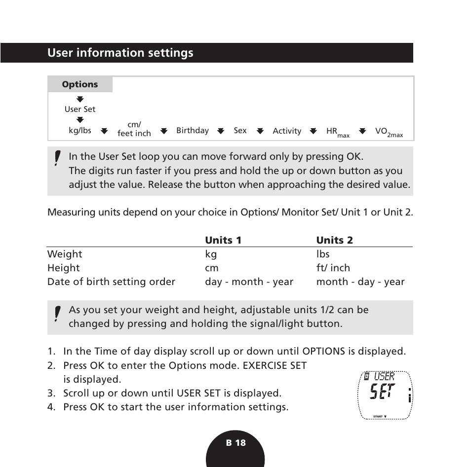 User information settings | POLAR S725 User Manual | Page 20 / 122