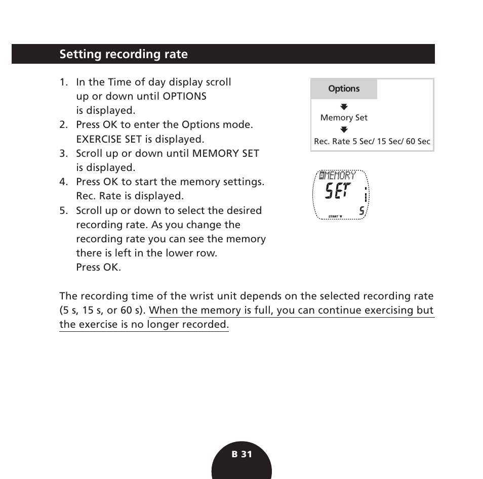 Setting recording rate | POLAR S725 User Manual | Page 33 / 122