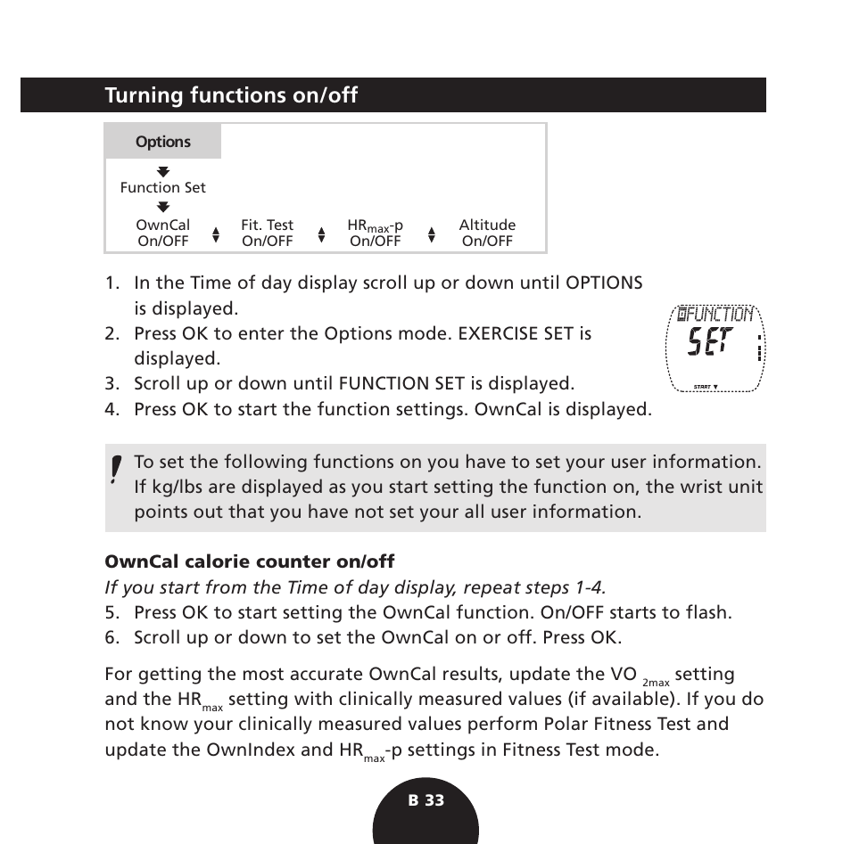 Turning functions on/off | POLAR S725 User Manual | Page 35 / 122