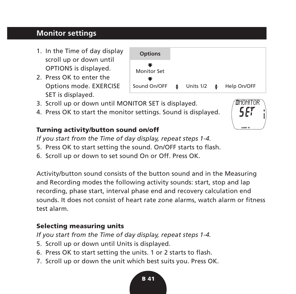 Monitor settings | POLAR S725 User Manual | Page 43 / 122
