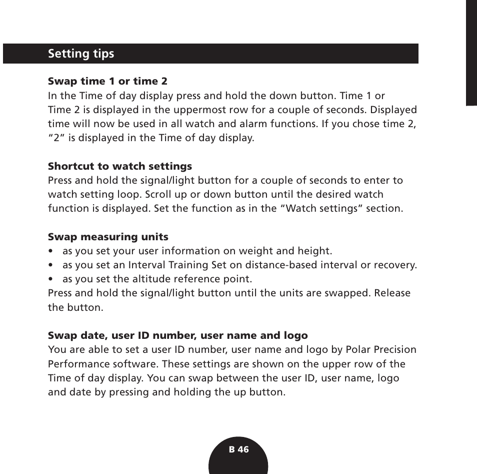 Setting tips | POLAR S725 User Manual | Page 48 / 122