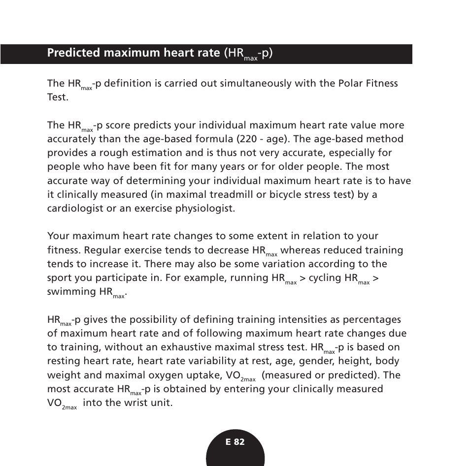 Predicted maximum heart rate (hr | POLAR S725 User Manual | Page 84 / 122