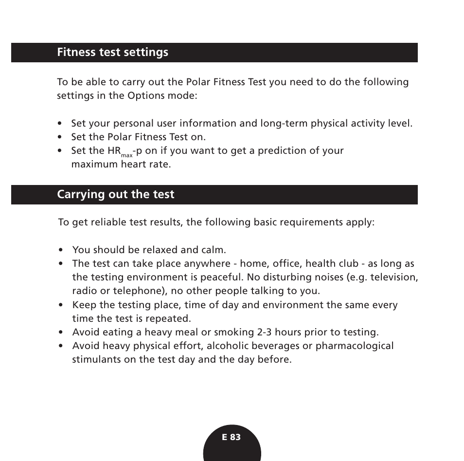 Carrying out the test, Fitness test settings | POLAR S725 User Manual | Page 85 / 122