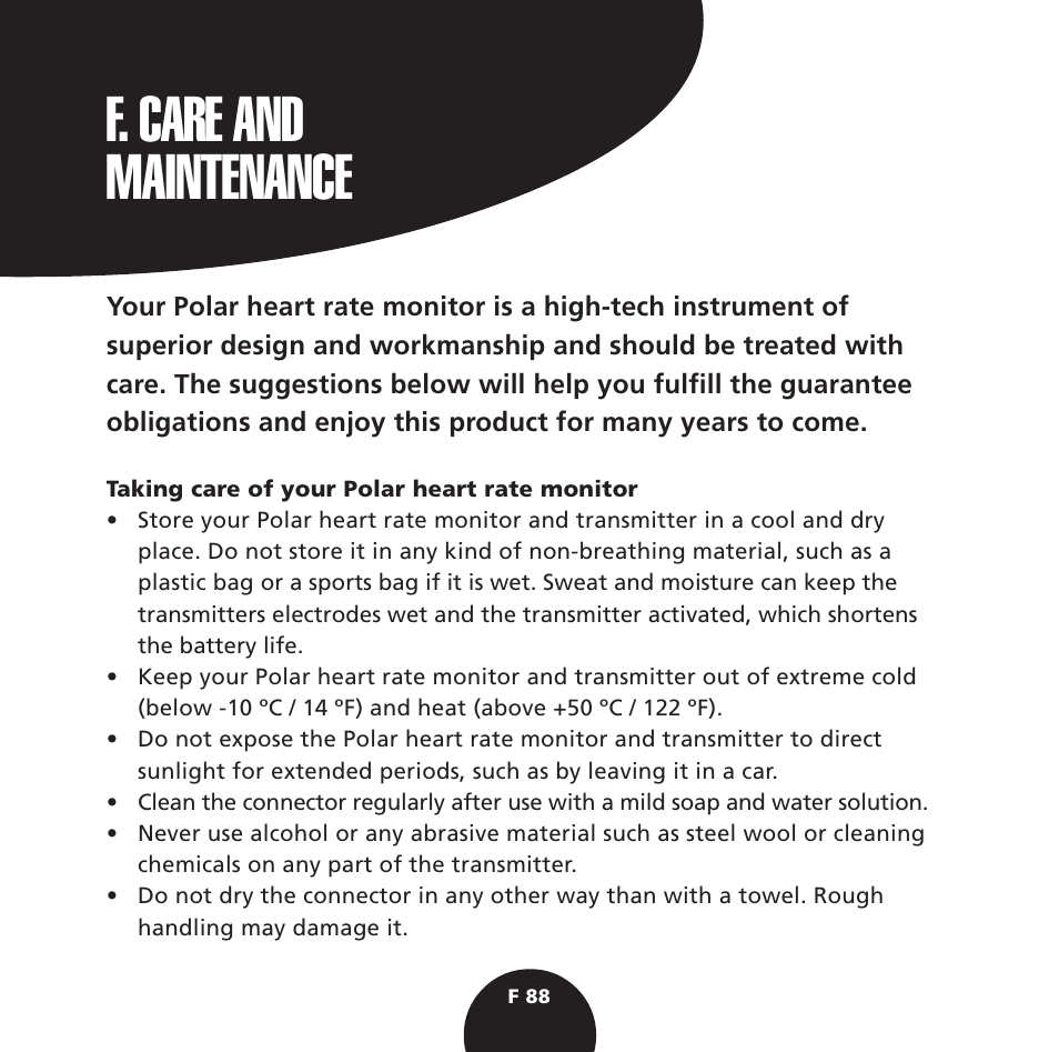 F. care and maintenance | POLAR S725 User Manual | Page 90 / 122