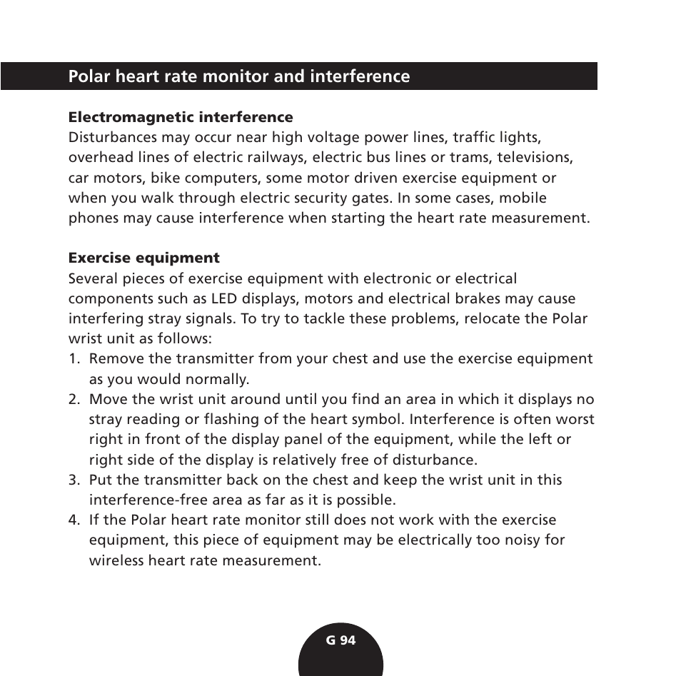 Polar heart rate monitor and interference | POLAR S725 User Manual | Page 96 / 122