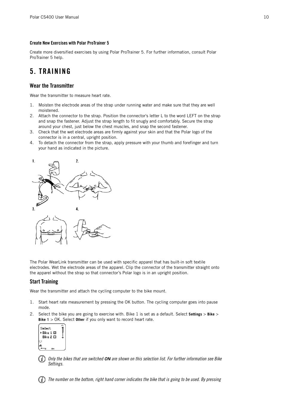Create new exercises with polar protrainer 5, Training, Wear the transmitter | Start training | POLAR CS400 User Manual | Page 10 / 47