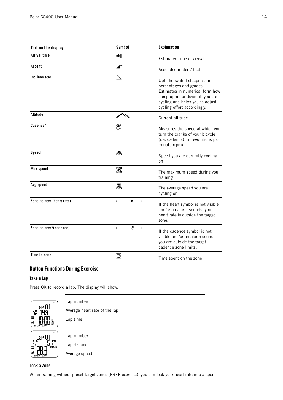 Button functions during exercise, Take a lap, Lock a zone | POLAR CS400 User Manual | Page 14 / 47