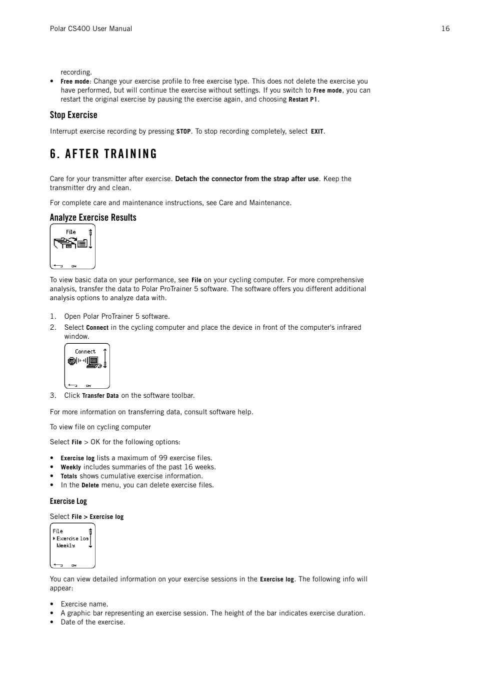 Stop exercise, After training, Analyze exercise results | Exercise log | POLAR CS400 User Manual | Page 16 / 47