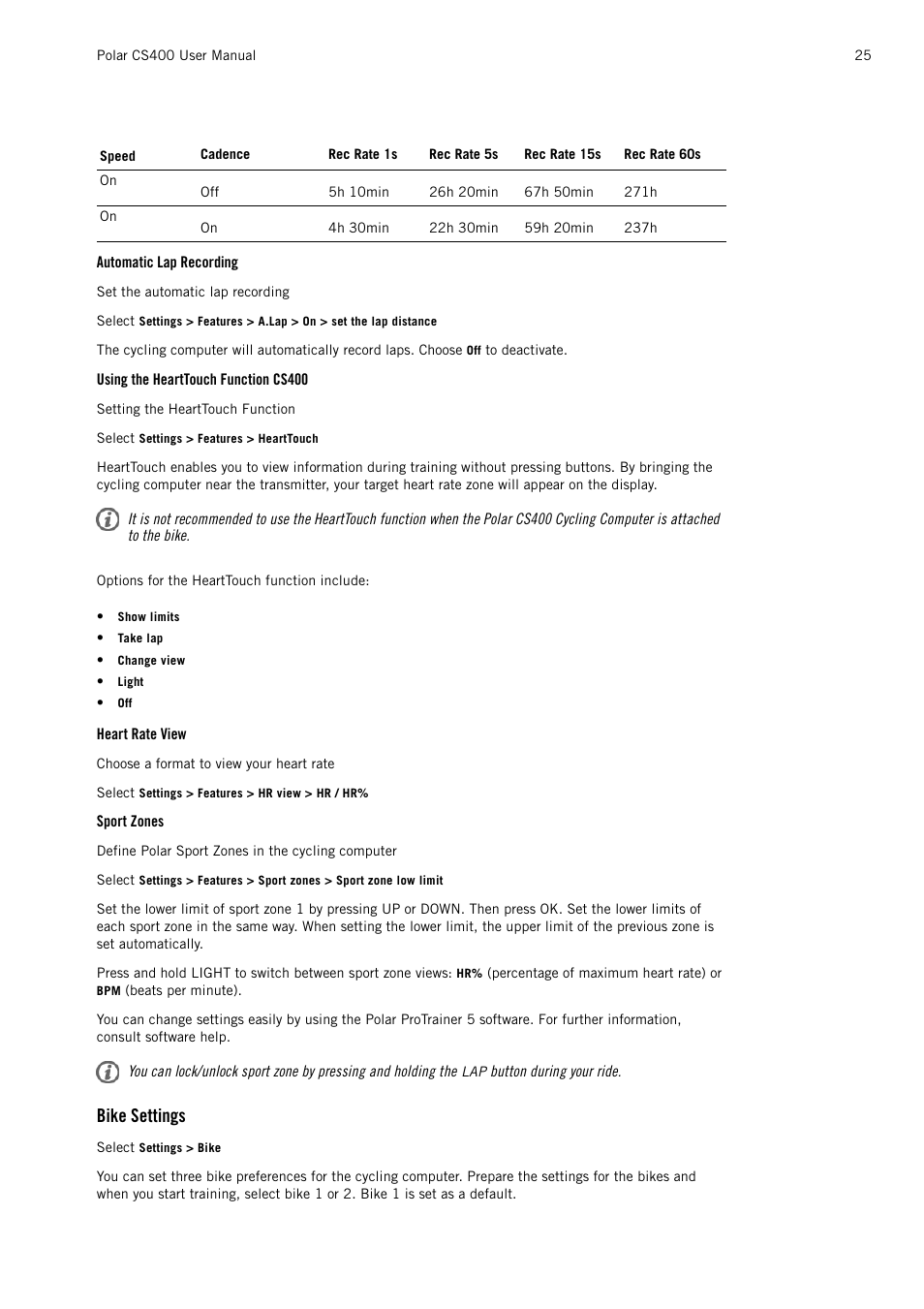 Automatic lap recording, Using the hearttouch function cs400, Heart rate view | Sport zones, Bike settings | POLAR CS400 User Manual | Page 25 / 47