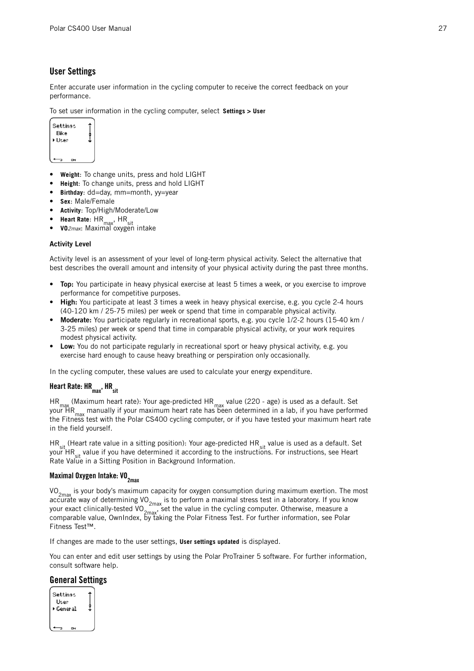 User settings, Heart rate: hrmax, hrsit, Maximal oxygen intake: vo2max | General settings | POLAR CS400 User Manual | Page 27 / 47