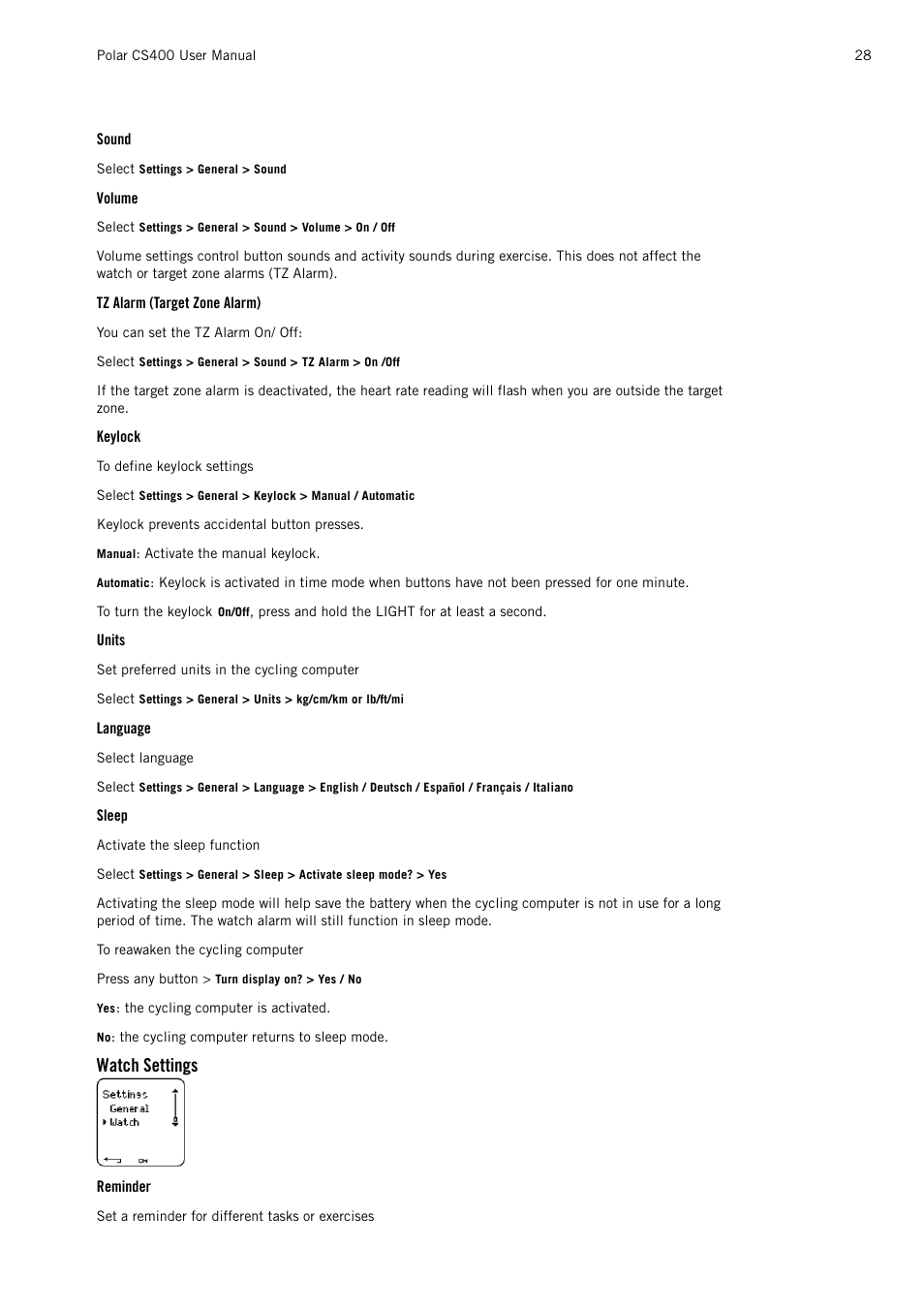 Sound, Volume, Tz alarm (target zone alarm) | Keylock, Units, Language, Sleep, Watch settings, Reminder | POLAR CS400 User Manual | Page 28 / 47