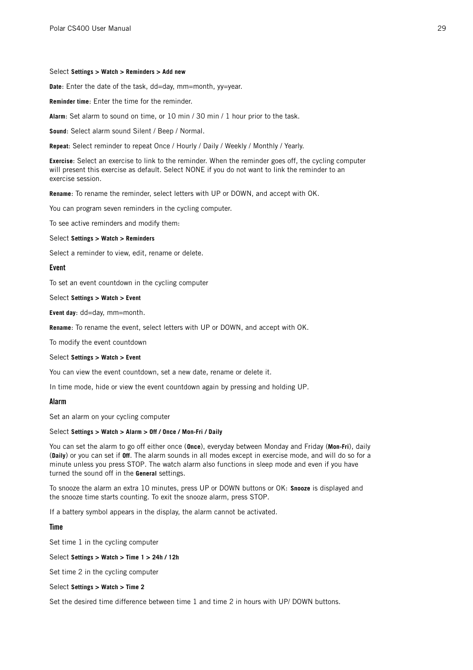 Event, Alarm, Time | POLAR CS400 User Manual | Page 29 / 47