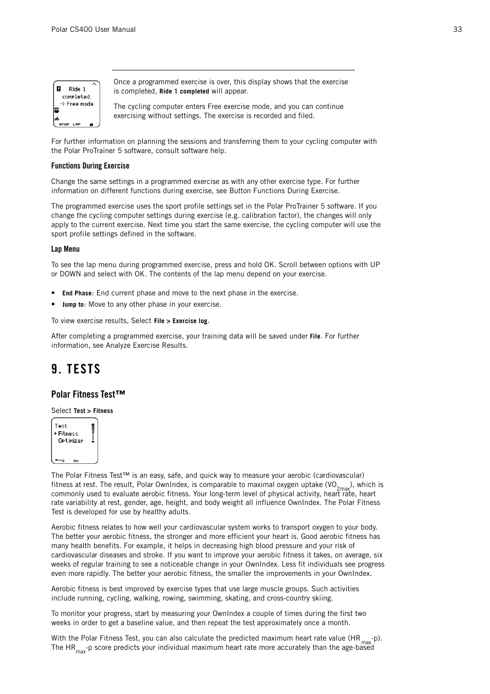 Functions during exercise, Lap menu, Tests | Polar fitness test | POLAR CS400 User Manual | Page 33 / 47