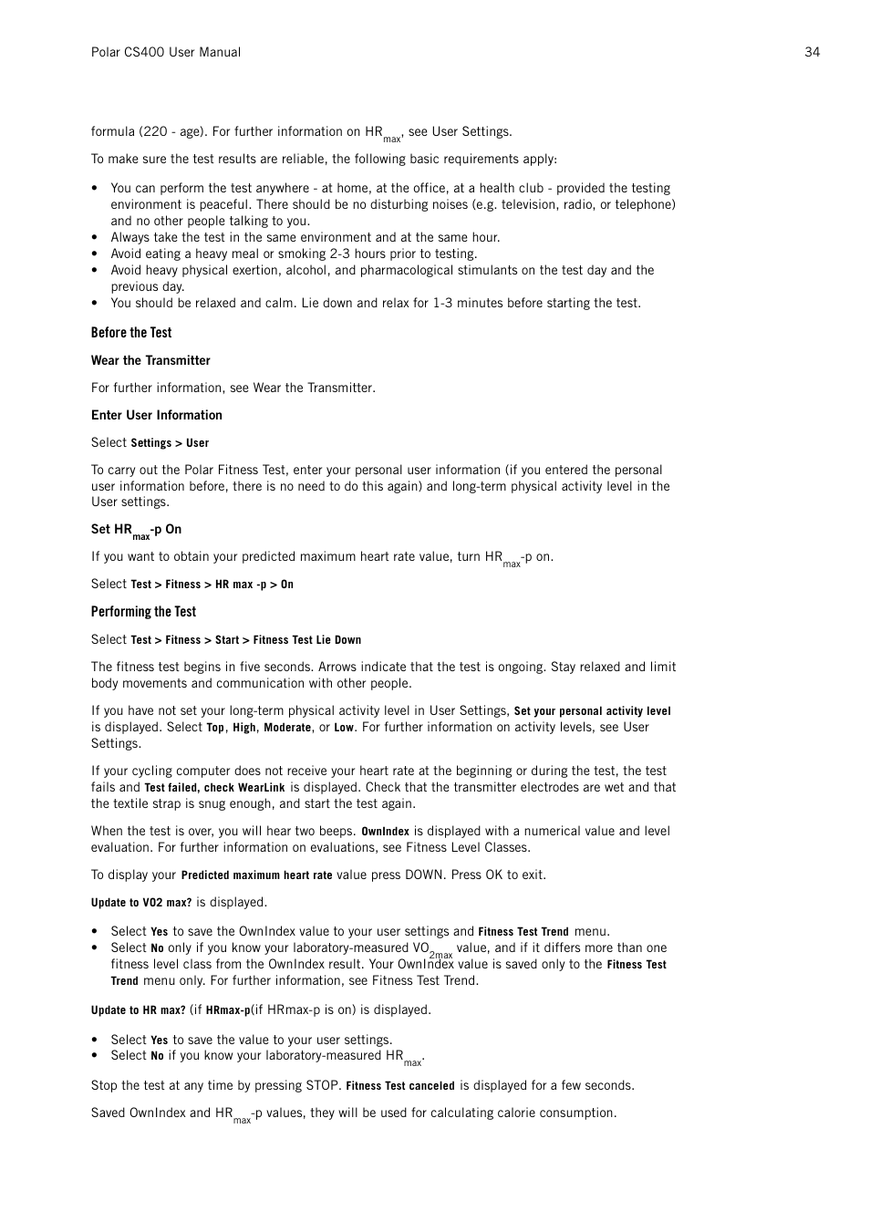 Before the test, Performing the test | POLAR CS400 User Manual | Page 34 / 47