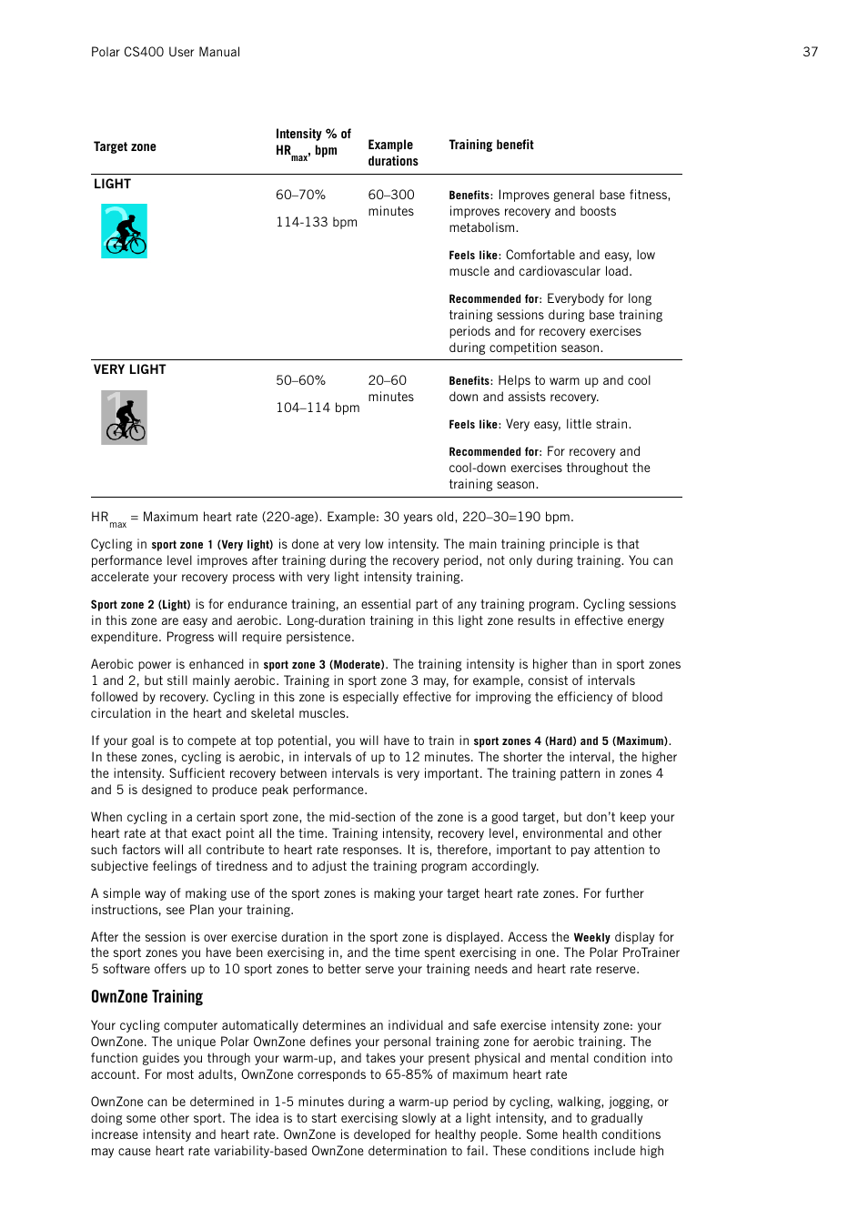 Ownzone training | POLAR CS400 User Manual | Page 37 / 47