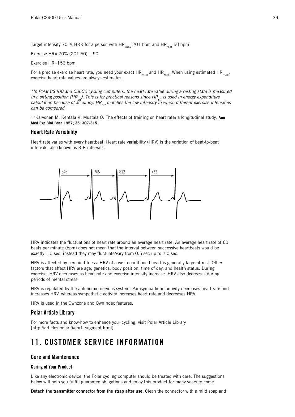 Heart rate variability, Polar article library, Customer service information | Care and maintenance, Caring of your product | POLAR CS400 User Manual | Page 39 / 47