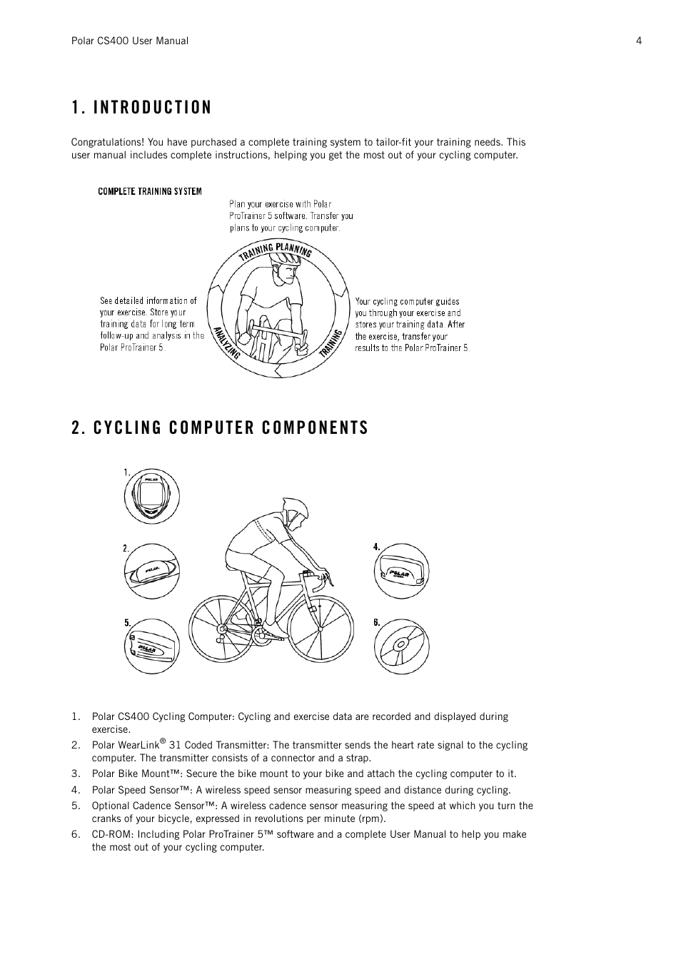 Introduction, Cycling computer components, Getting started | POLAR CS400 User Manual | Page 4 / 47