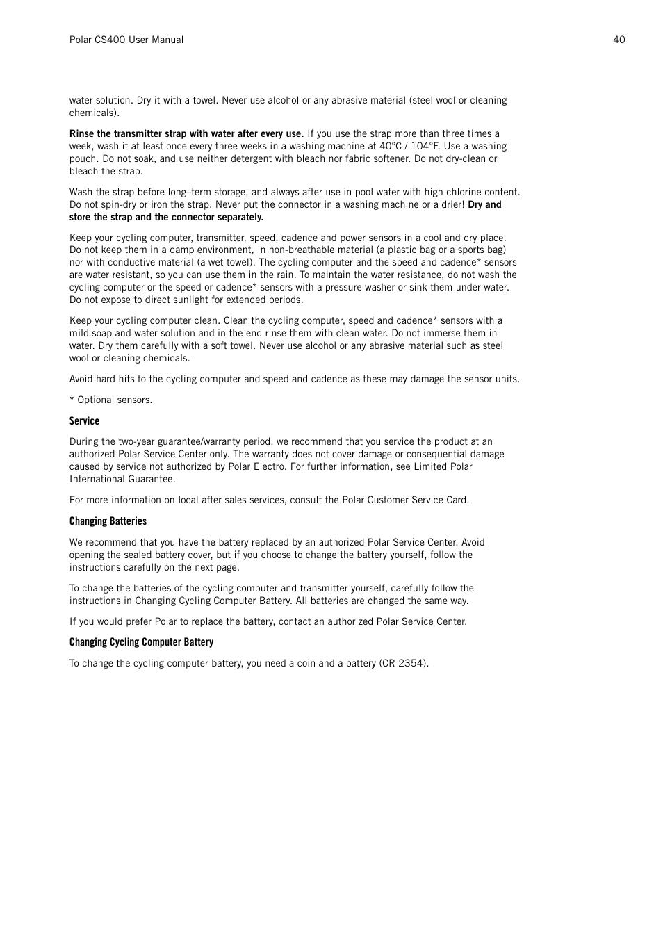 Service, Changing batteries, Changing cycling computer battery | POLAR CS400 User Manual | Page 40 / 47