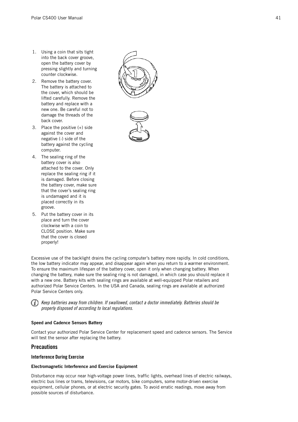 Precautions, Interference during exercise | POLAR CS400 User Manual | Page 41 / 47