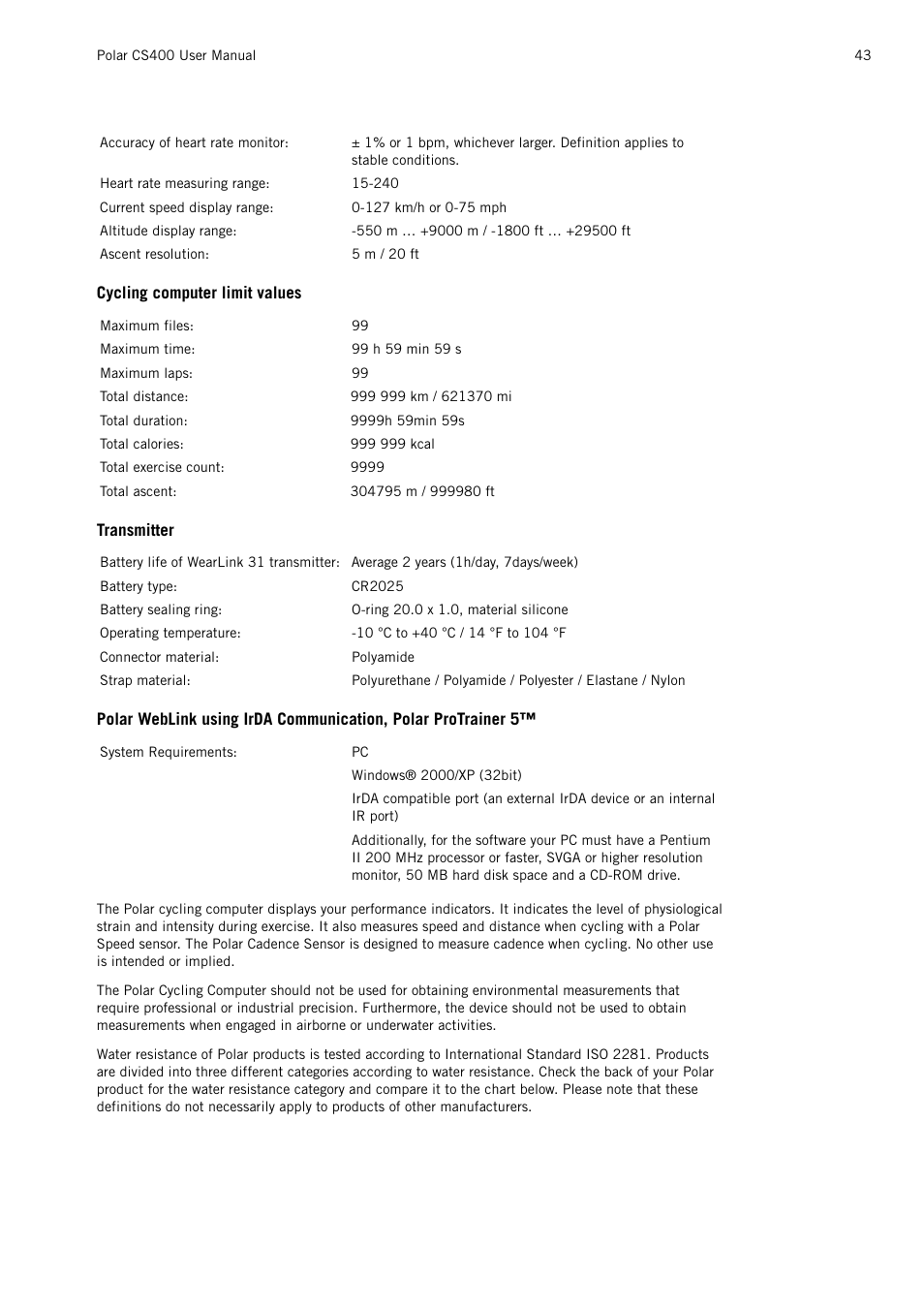 POLAR CS400 User Manual | Page 43 / 47
