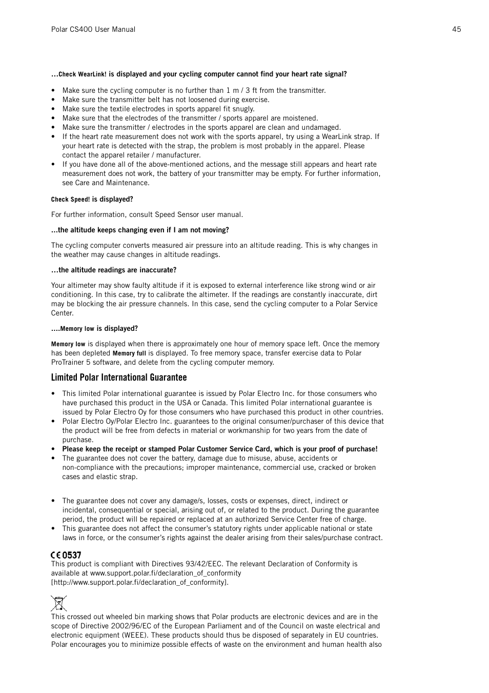 Limited polar international guarantee | POLAR CS400 User Manual | Page 45 / 47