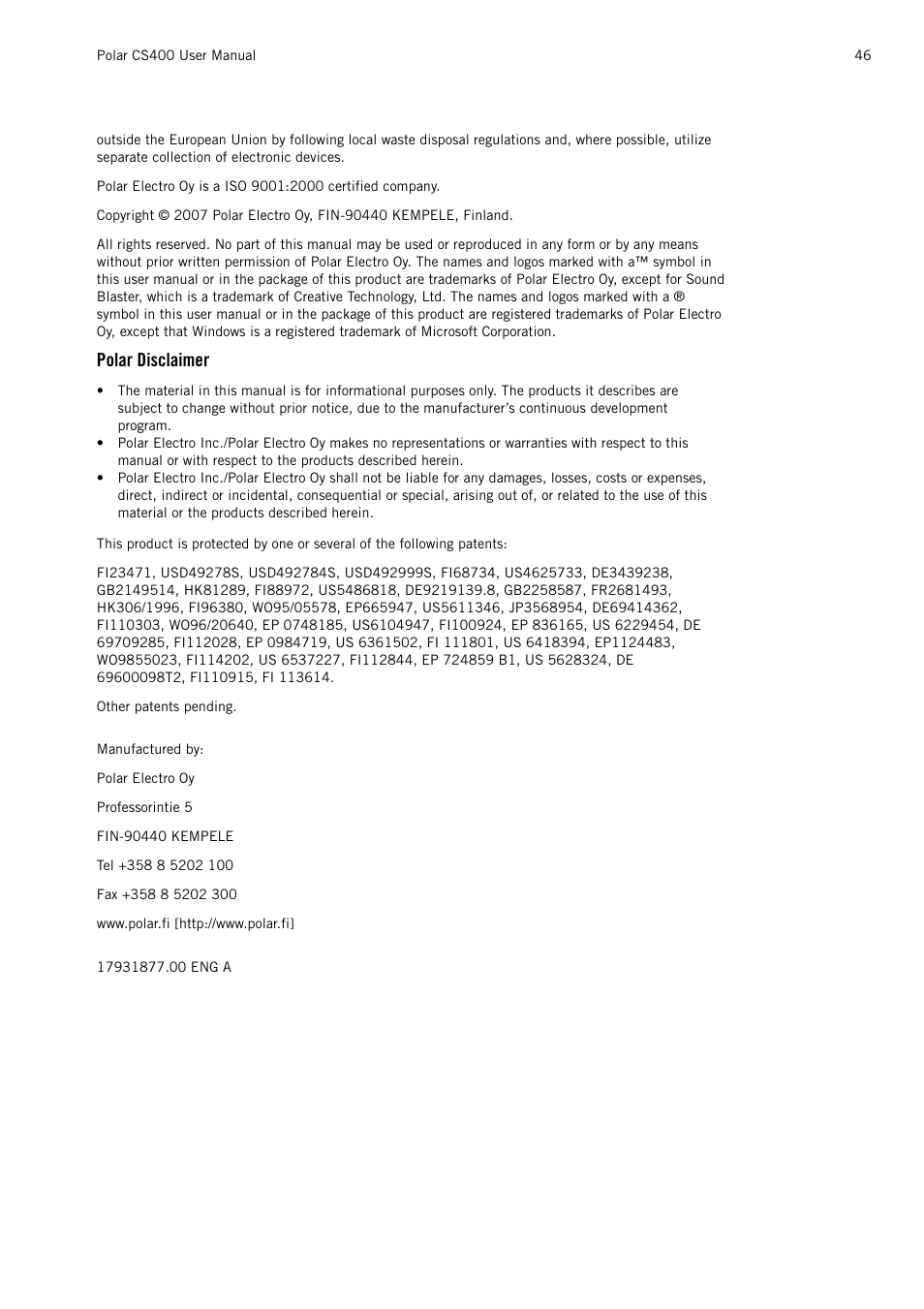 Polar disclaimer | POLAR CS400 User Manual | Page 46 / 47